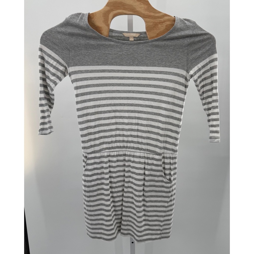 Banana Republic Striped Dress Knit Casual 3/4 Sleeve Pockets Gray‎ White S